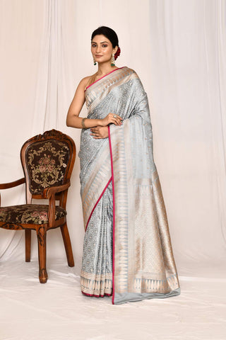 Ice Grey  Mushru Satin Semi Katan Banarasi Handloom Silk Saree