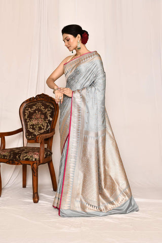 Ice Grey  Mushru Satin Semi Katan Banarasi Handloom Silk Saree