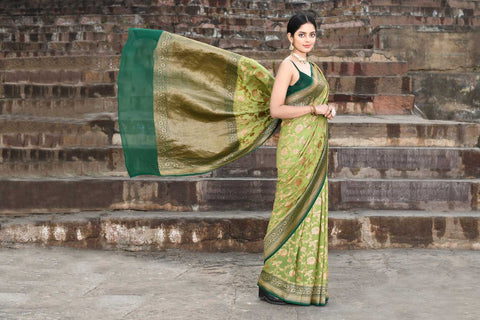 Green Pure Khaddi Handloom Saree With Contrast Border In Dark Green Color