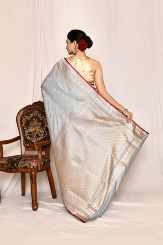 Ice Grey  Mushru Satin Semi Katan Banarasi Handloom Silk Saree