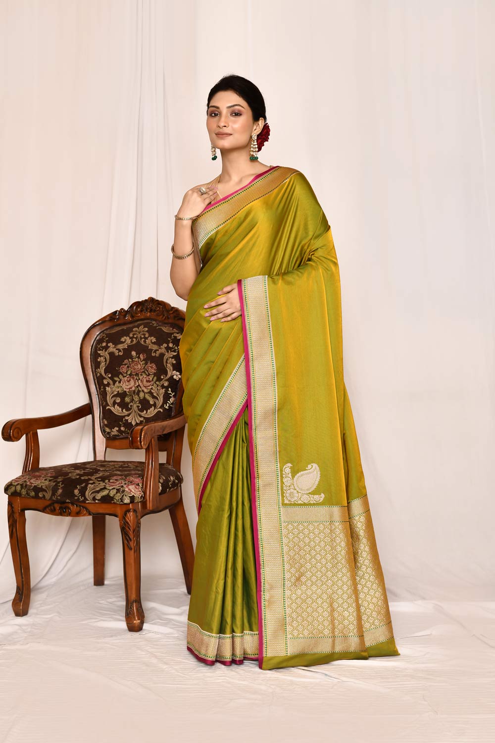 Mustard-Green Semi Katan Mushru Satin Banarasi Handloom Silk Saree