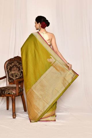 Mustard-Green Semi Katan Mushru Satin Banarasi Handloom Silk Saree