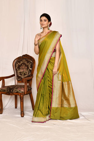 Mustard-Green Semi Katan Mushru Satin Banarasi Handloom Silk Saree