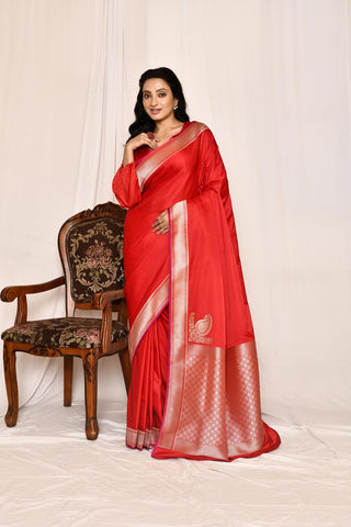 Red Colour Semi Katan Mushru Satin Banarasi Handloom Silk Saree