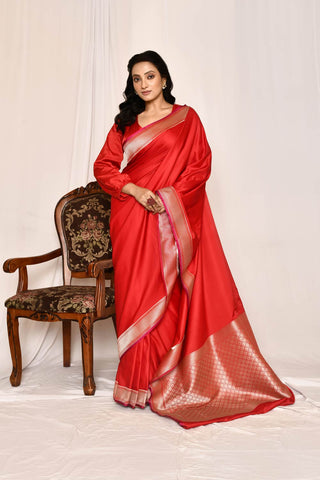 Red Colour Semi Katan Mushru Satin Banarasi Handloom Silk Saree