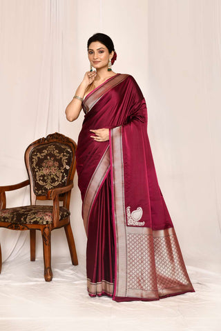 Magenta Purple Semi Katan Mushru Satin Banarasi Handloom Silk Saree