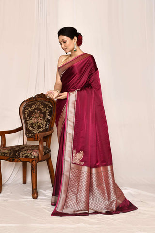 Magenta Purple Semi Katan Mushru Satin Banarasi Handloom Silk Saree