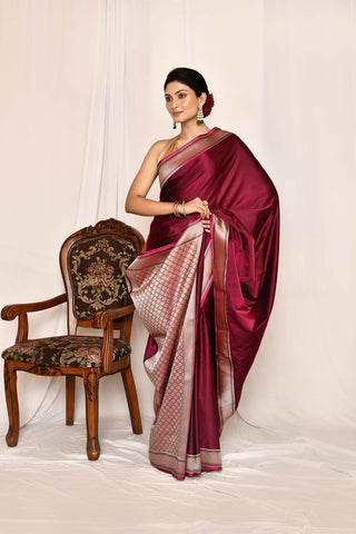 Magenta Purple Semi Katan Mushru Satin Banarasi Handloom Silk Saree