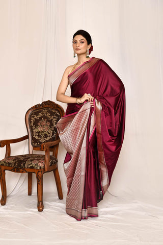 Magenta Purple Semi Katan Mushru Satin Banarasi Handloom Silk Saree