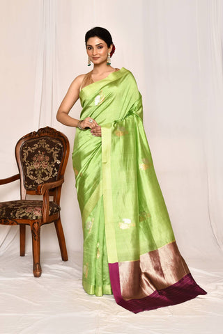 Green Semi katan Mushru Satin silk Banarasi Handloom Silk Saree