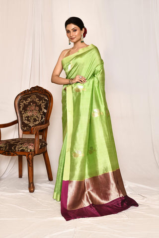 Green Semi katan Mushru Satin silk Banarasi Handloom Silk Saree