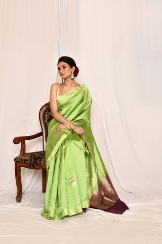 Green Semi katan Mushru Satin silk Banarasi Handloom Silk Saree