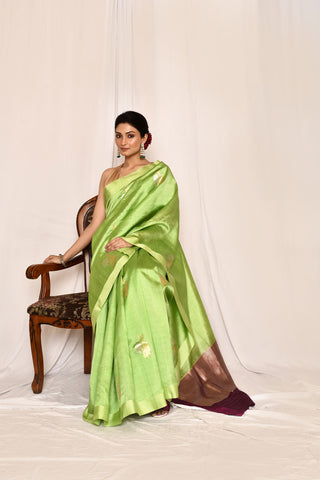 Green Semi katan Mushru Satin silk Banarasi Handloom Silk Saree