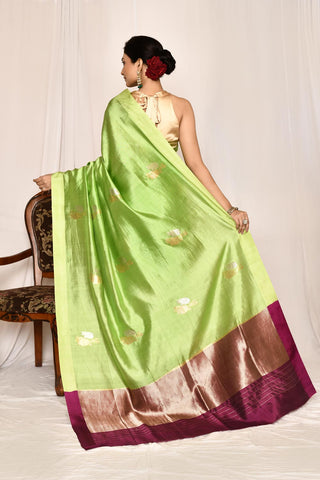 Green Semi katan Mushru Satin silk Banarasi Handloom Silk Saree