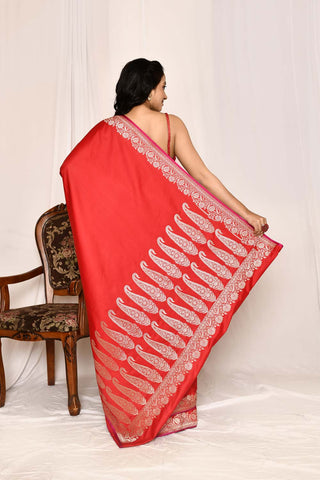 Red Semi katan Mushru Satin Banarasi Handloom Silk Saree