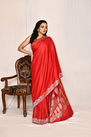 Red Semi katan Mushru Satin Banarasi Handloom Silk Saree