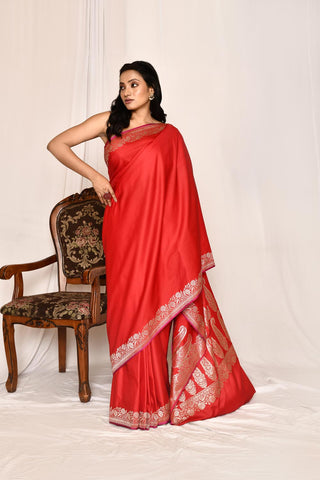 Red Semi katan Mushru Satin Banarasi Handloom Silk Saree