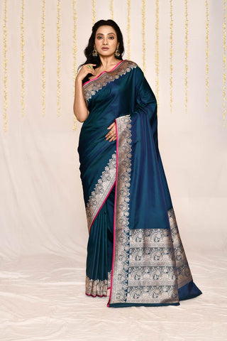 Teal Blue Semi katan Mushru Satin Banarasi Handloom Silk Saree