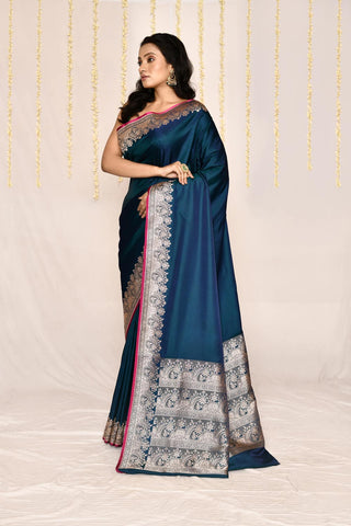 Teal Blue Semi katan Mushru Satin Banarasi Handloom Silk Saree