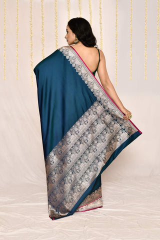 Teal Blue Semi katan Mushru Satin Banarasi Handloom Silk Saree