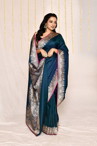 Teal Blue Semi katan Mushru Satin Banarasi Handloom Silk Saree