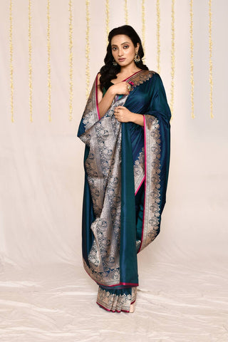 Teal Blue Semi katan Mushru Satin Banarasi Handloom Silk Saree