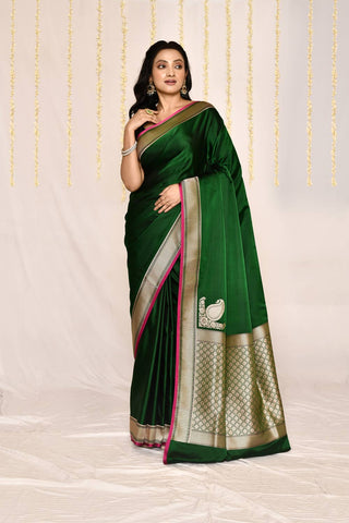 Bottle Green Semi katan Mushru Satin Banarasi Handloom Silk Saree