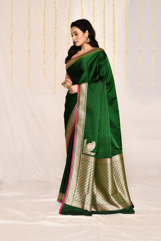 Bottle Green Semi katan Mushru Satin Banarasi Handloom Silk Saree