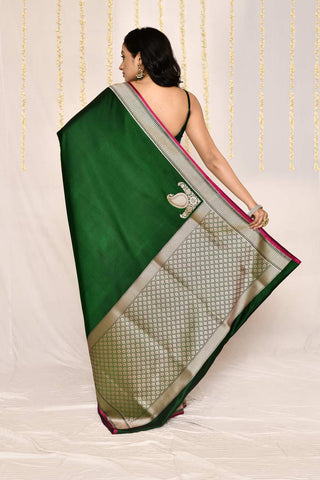 Bottle Green Semi katan Mushru Satin Banarasi Handloom Silk Saree