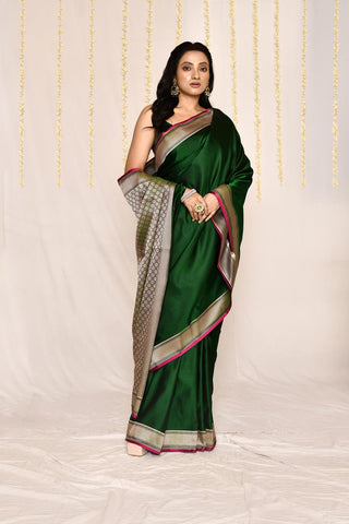 Bottle Green Semi katan Mushru Satin Banarasi Handloom Silk Saree