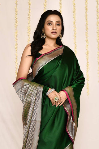 Bottle Green Semi katan Mushru Satin Banarasi Handloom Silk Saree