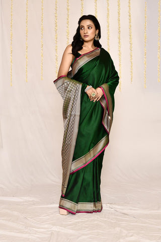 Bottle Green Semi katan Mushru Satin Banarasi Handloom Silk Saree