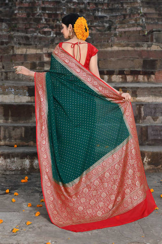 Bottle Green Pure Khaddi Georgette Banarasi Handloom Saree With Contrast Border In Red