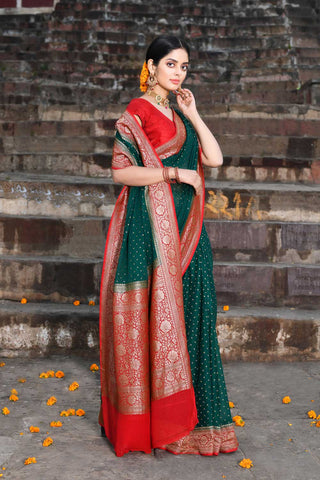 Bottle Green Pure Khaddi Georgette Banarasi Handloom Saree With Contrast Border In Red