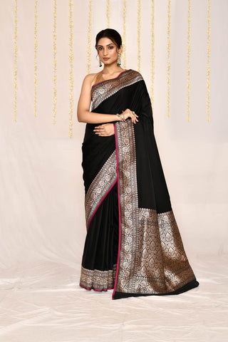 Black Semi Katan Mushru Satin Banarasi Handloom Silk Saree