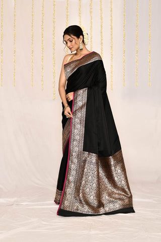 Black Semi Katan Mushru Satin Banarasi Handloom Silk Saree