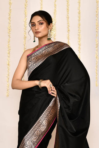 Black Semi Katan Mushru Satin Banarasi Handloom Silk Saree