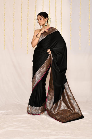 Black Semi Katan Mushru Satin Banarasi Handloom Silk Saree