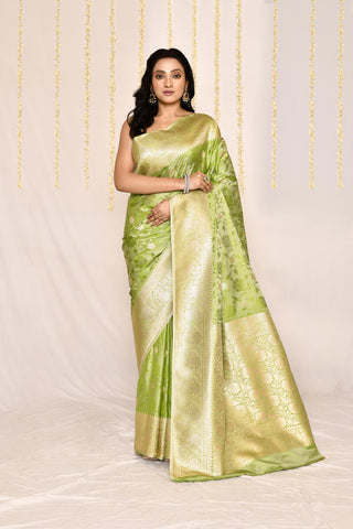 Parrot Green Semi Katan Mushru Satin Banarasi Handloom Silk Saree