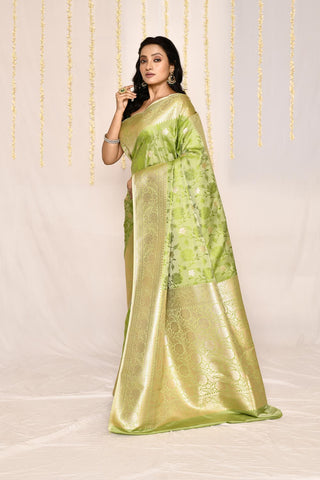 Parrot Green Semi Katan Mushru Satin Banarasi Handloom Silk Saree