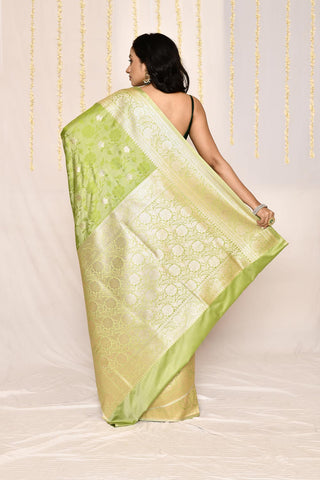 Parrot Green Semi Katan Mushru Satin Banarasi Handloom Silk Saree