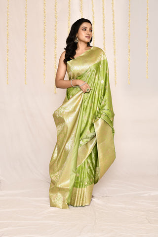 Parrot Green Semi Katan Mushru Satin Banarasi Handloom Silk Saree