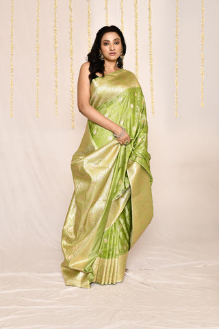 Parrot Green Semi Katan Mushru Satin Banarasi Handloom Silk Saree