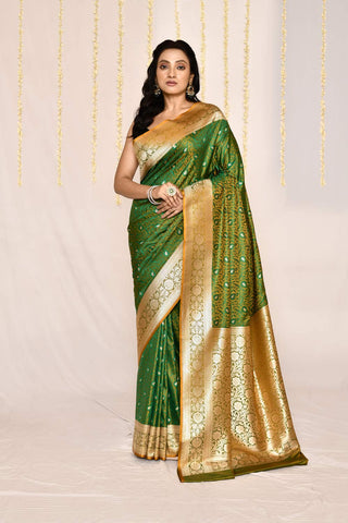 Green-Mustard Semi Katan Mushru Satin Banarasi Handloom Silk Saree