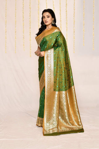 Green-Mustard Semi Katan Mushru Satin Banarasi Handloom Silk Saree