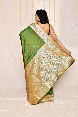 Green-Mustard Semi Katan Mushru Satin Banarasi Handloom Silk Saree