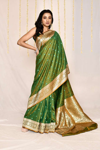 Green-Mustard Semi Katan Mushru Satin Banarasi Handloom Silk Saree