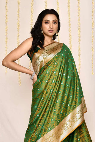 Green-Mustard Semi Katan Mushru Satin Banarasi Handloom Silk Saree