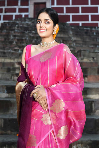 Rangakt Pure Kora Organza Banarasi Handloom Silk Saree With Contrast Palla In Wine
