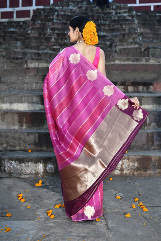 Rangakt Pure Kora Organza Banarasi Handloom Silk Saree With Contrast Palla In Wine